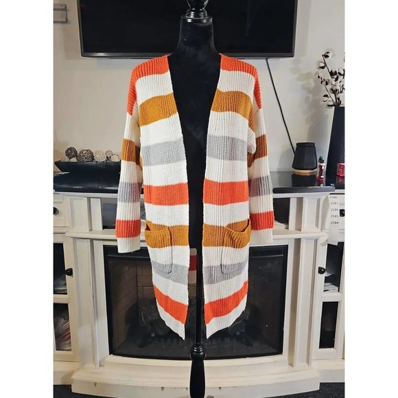 Miss Sparkling Sweater Womens Small Open Front Striped Cardigan Pockets Knitted - Picture 1 of 7